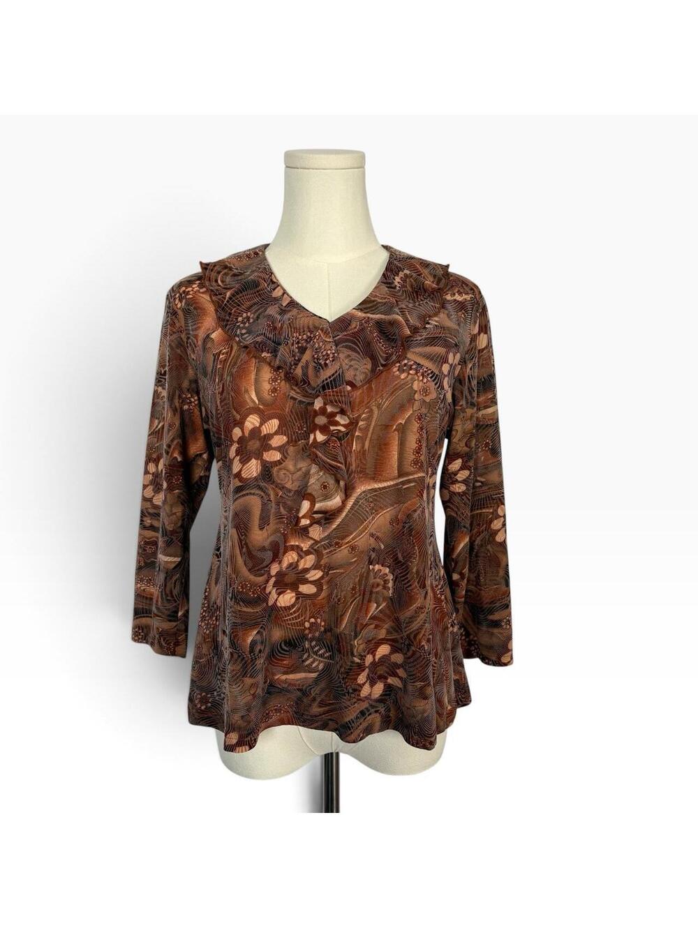 Brown floral polyester blouse with ruffle collar #fairycore #cottagecore
